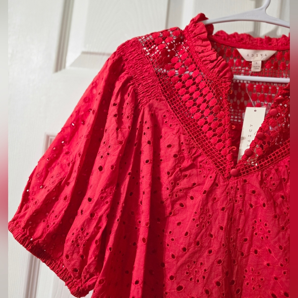 NWT Adiva Red Cotton Crochet & Eyelet Popover Blouse, Puff Sleeves, Boxy Fit. - Picture 2 of 11